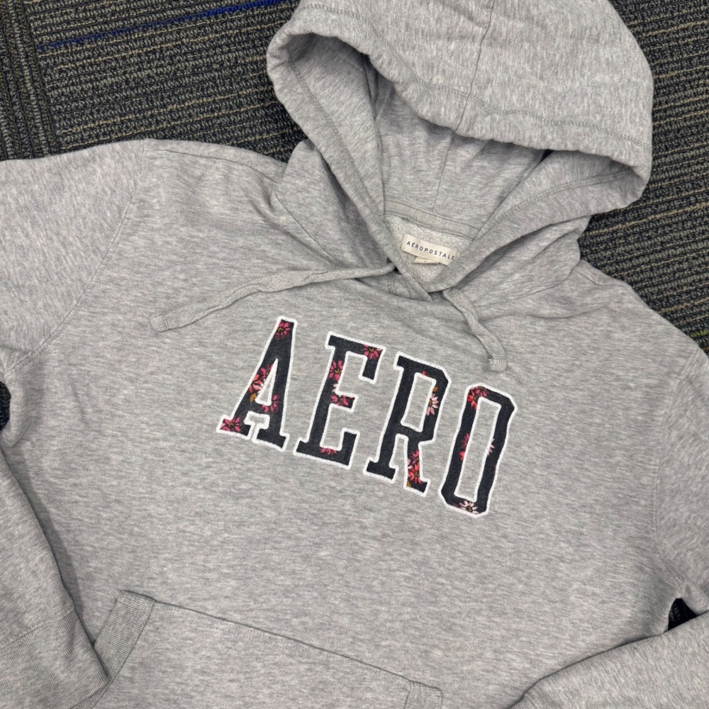 Aeropostale Hoodie Sweatshirt Womens M Gray Floral Graphic‎ Pullover